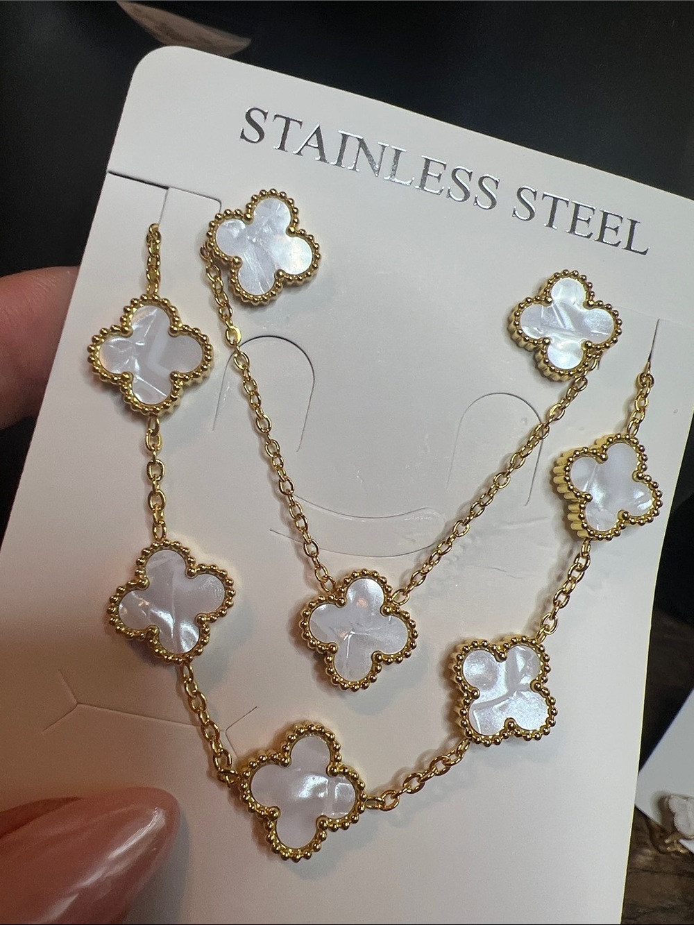 Gold Stainless Steel with White Clover Necklace and Earrings Set